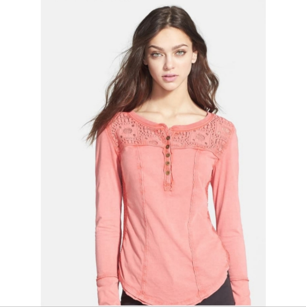Free People Gold Coast Pink Henley Long Sleeves Blouse
